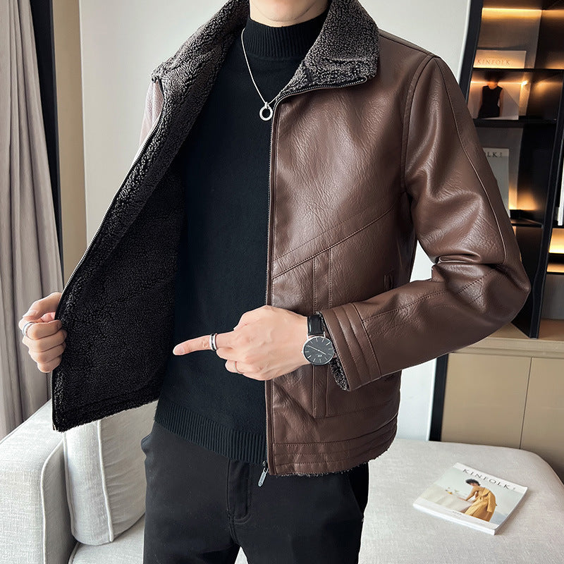 Hong Kong Style Velvet Padded Plus Size Men's Leather Jackets  Leather Jacket 85.38 