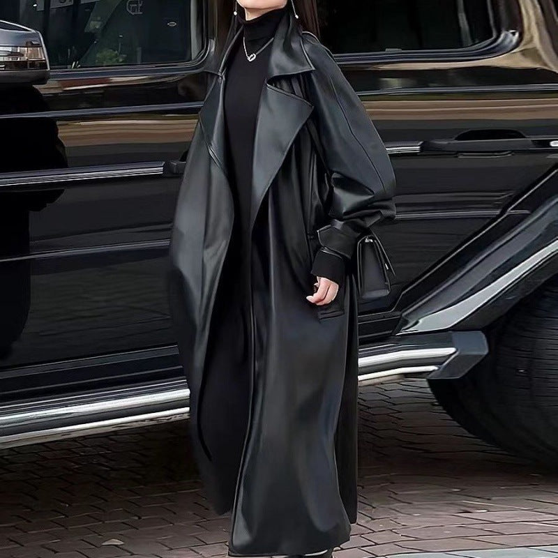 Women's Fashionable Temperament Long Knee Length PU Leather Coat  Leather Jacket 145.59 