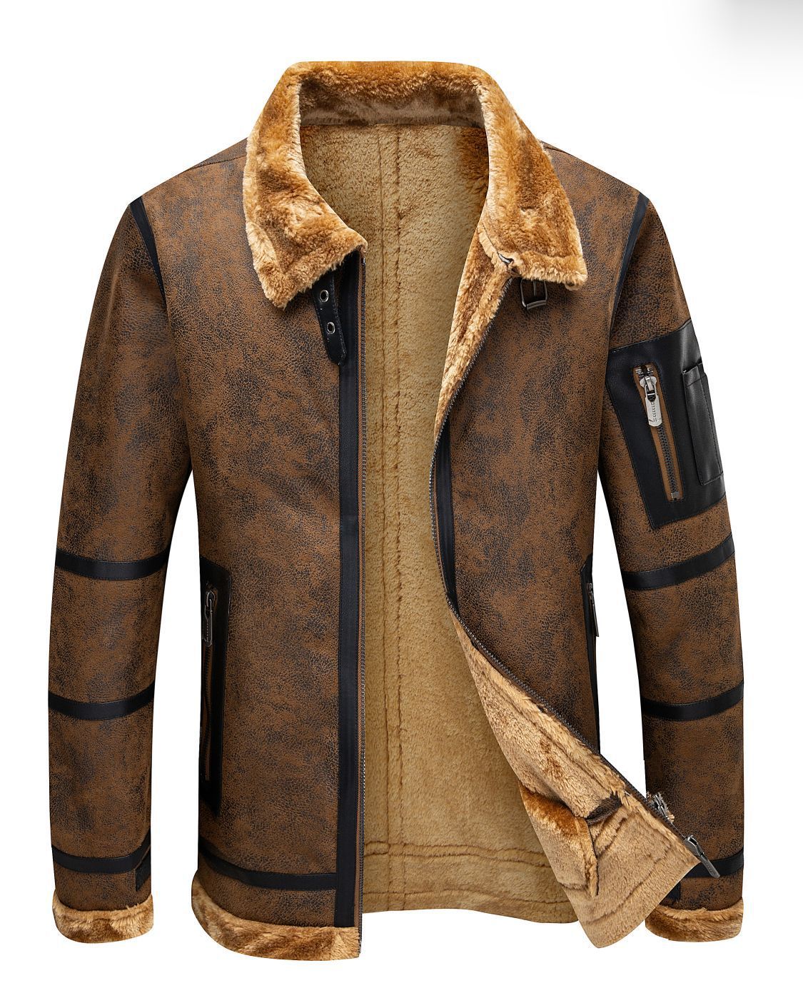 Men's Autumn And Winter Fleece-lined Thickened Fur Jacket  Leather Jacket 102.52 Brown-XXL